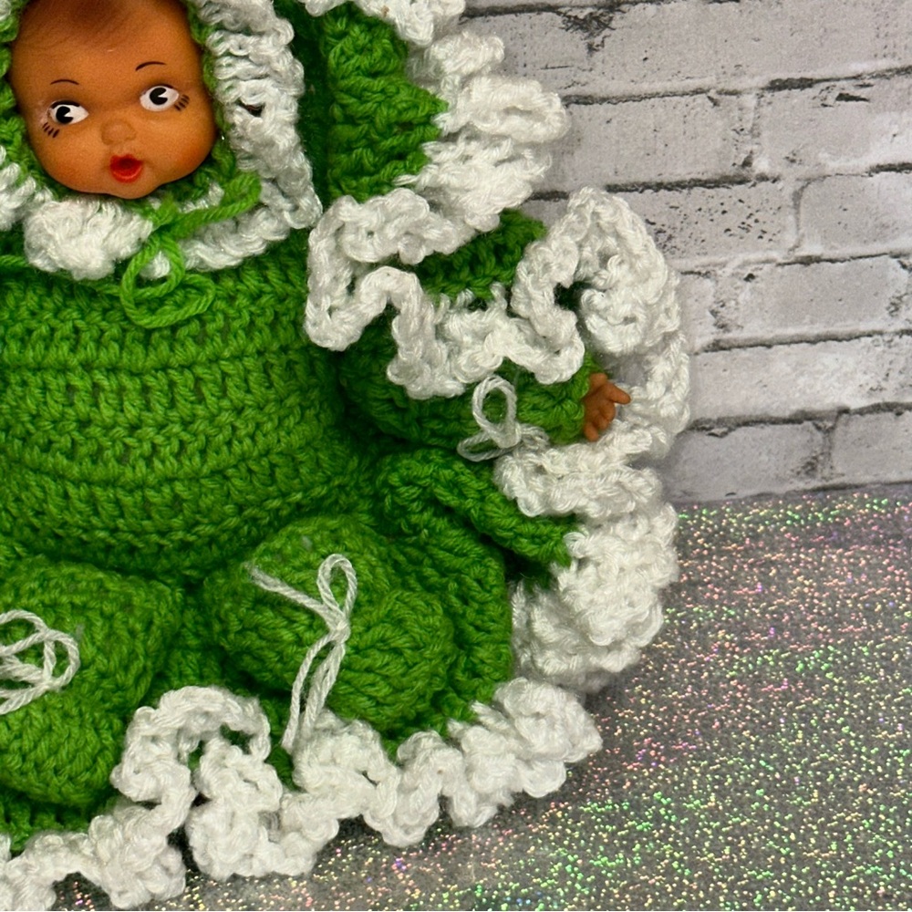 Vintage Crochet Doll Bottle Green White Thumb Sucking Blanket Handmade - Picture 4 of 13